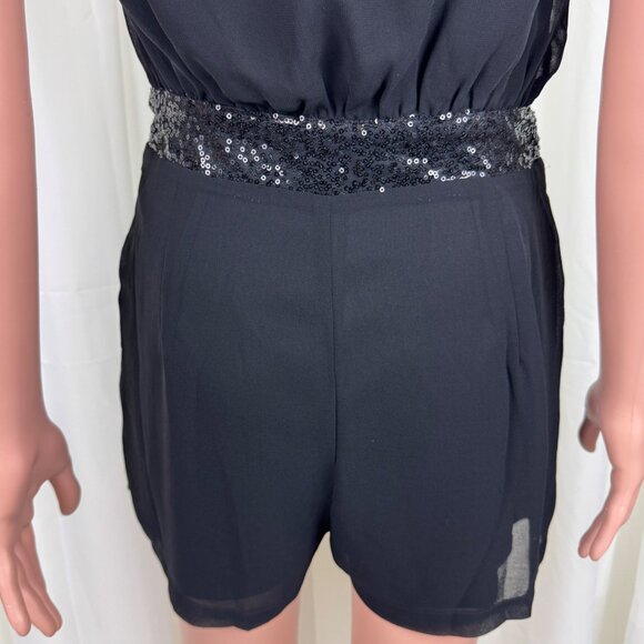 Women's TCEC Sequins Accent Ruched Shirred Chiffon Romper Size Medium Black - Picture 12 of 12